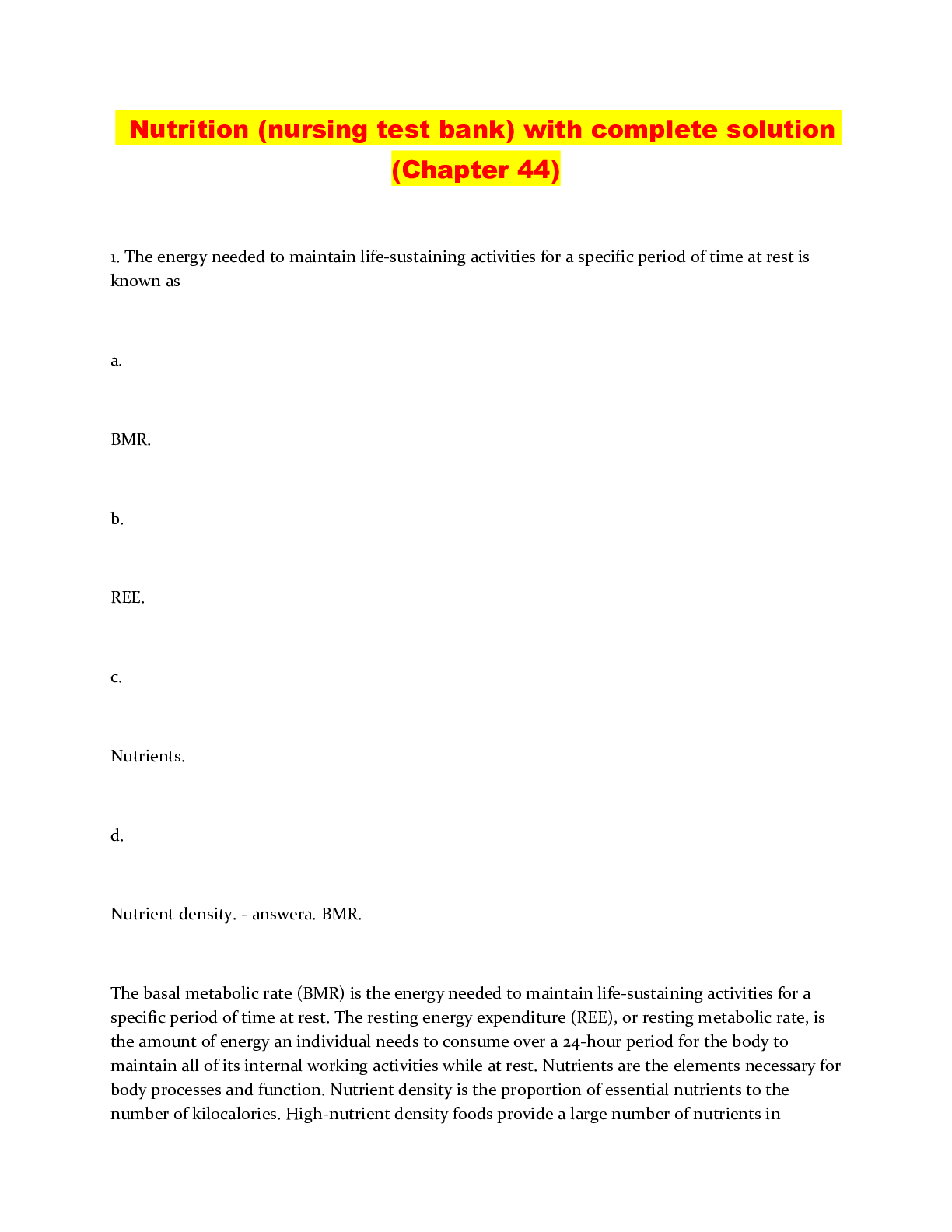 Preview image of Nutrition (nursing test bank) with complete solution (Chapter 44) document
